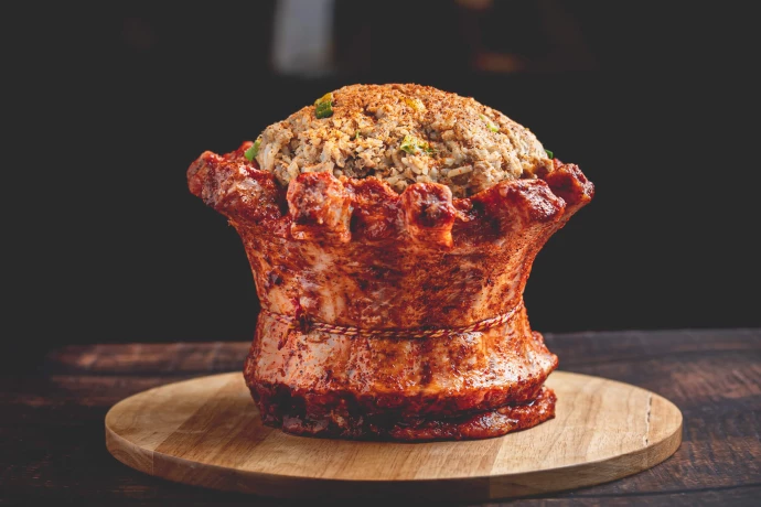Stuffed & Seasoned Pork Baby Crown with Dirty Rice